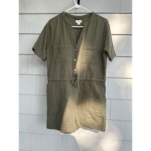 UpWest Olive Green Gauze Cotton Romper Size M Button Front Tie Waist Pockets